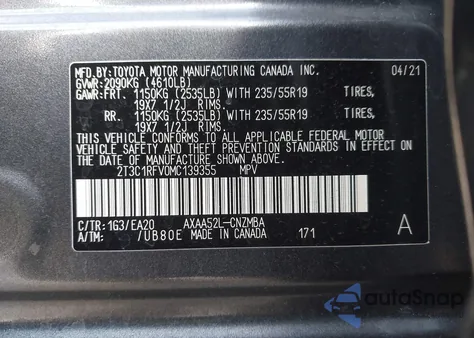 2021 Toyota Rav4 Xle Premium from USA, damaged, VIN 2T3C1RFV0MC139355